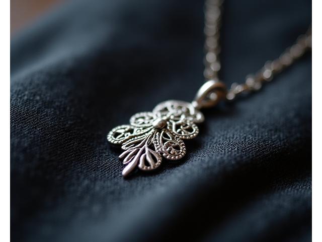 Delicate hand-forged silver pendant with intricate detailing, resting on a textured dark cloth.