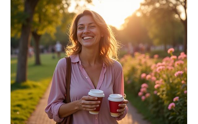 Sarah, a smiling Londoner, standing in front of a blooming park, illustrating her improved mental wellbeing and engagement with local community events.