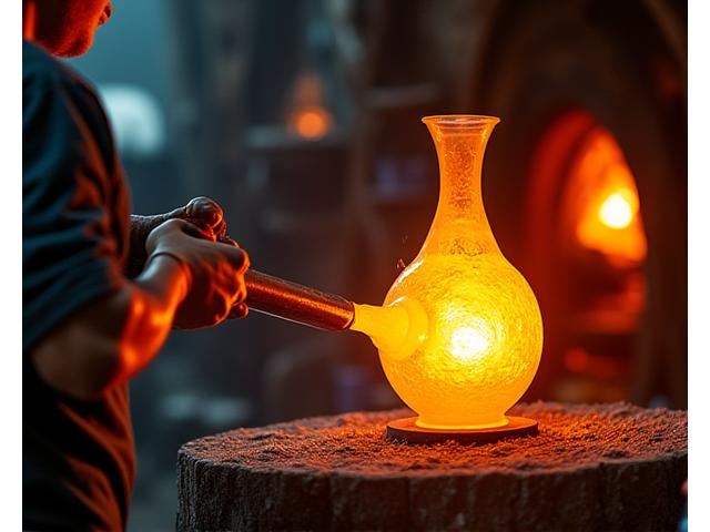 A skilled glassblower carefully shaping molten recycled glass into a vase, surrounded by the glow of the furnace in their workshop.