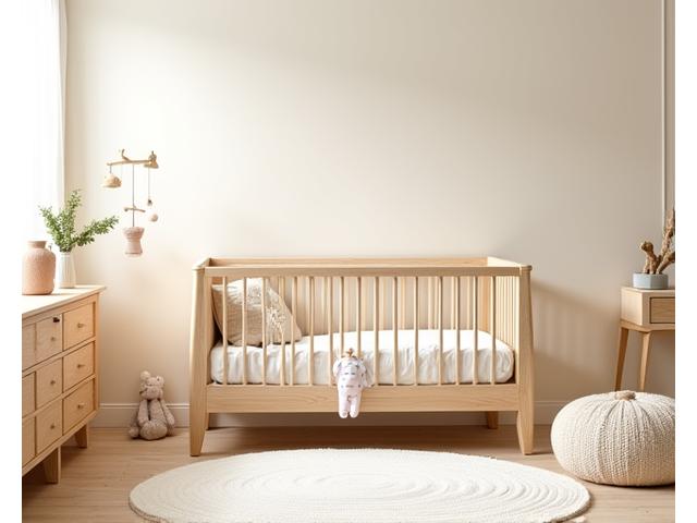 A serene nursery with a natural wood crib, organic cotton bedding, and gentle, eco-friendly decor, bathed in soft light.