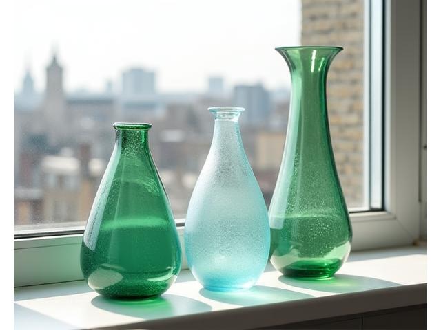 Three elegant vases made from recycled green and clear glass, catching light on a windowsill, demonstrating sustainable artistry.
