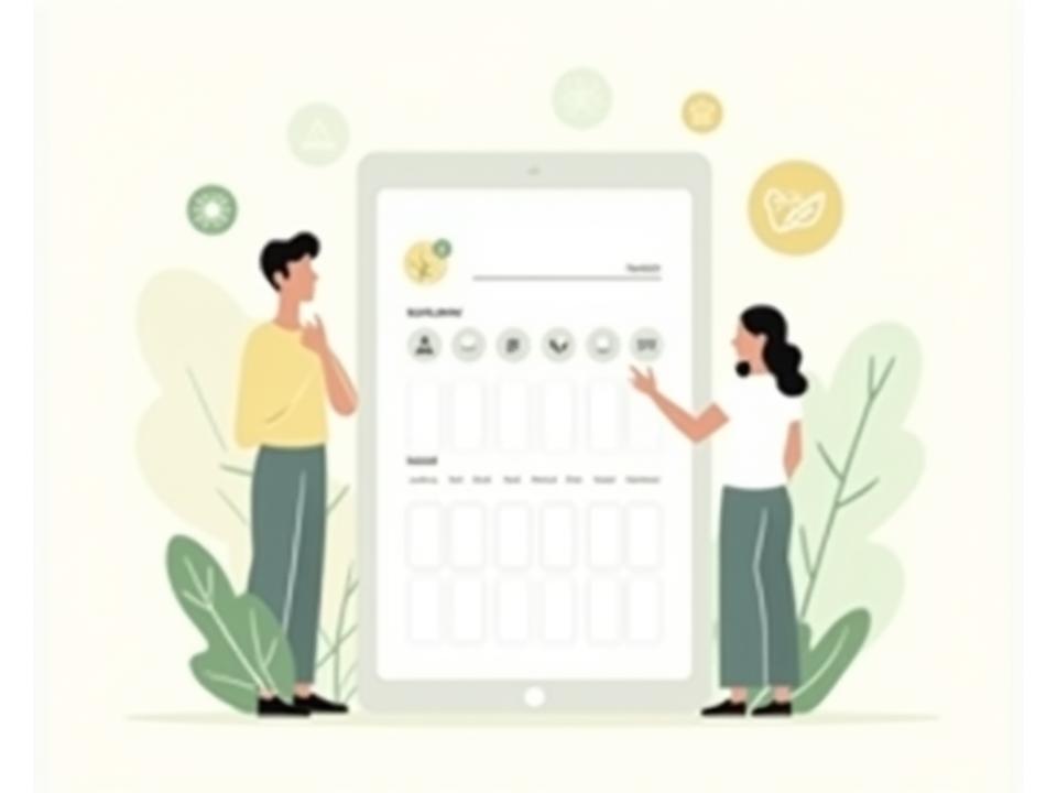 Illustration of a person customizing a plan on a tablet surrounded by healthy elements, representing personalized wellness planning