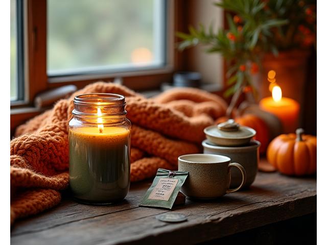 A cozy collection of 'Autumn Comfort' themed sustainable products such as a knitted throw, a scented candle in a recycled glass jar, and a selection of herbal teas.