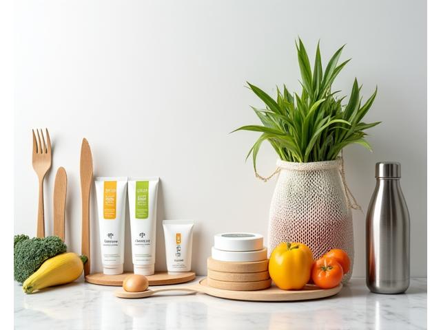 A zero-waste focused box with items like bamboo cutlery, a mesh produce bag, and solid shampoo bars, set on a rustic wooden table.