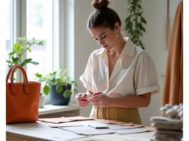 A young, stylish designer in a bright London studio inspecting a prototype for a vegan leather bag, surrounded by rolls of innovative plant-based materials.
